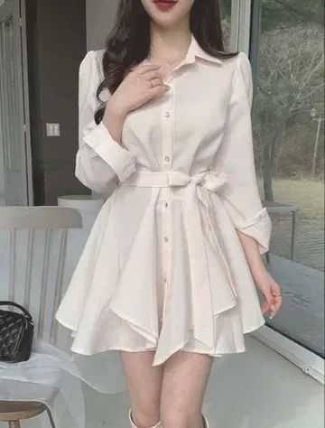 베이지 셔츠 원피스 허리 리본 포함