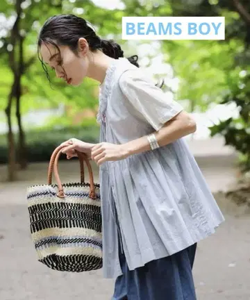 BEAMS BOY 코튼 개더 슬리브리스 셔츠 라이트 블루
