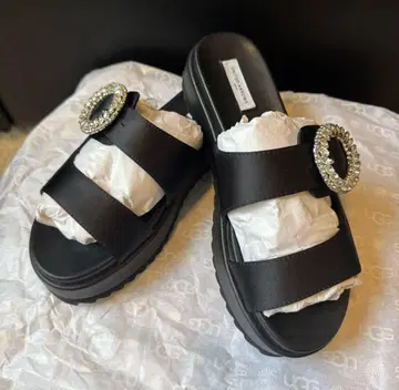 UNITED ARROWS 비쥬 장식 블랙 새틴 통굽 샌들 36 23cm