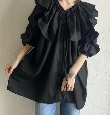 she's closet 빅 카라 개더 반팔 리본 프릴 블라우스 튜닉