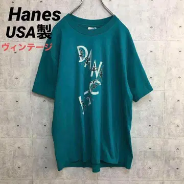 Z0207 빈티지 헤인즈 티셔츠 그린 L USA 제작 빅 프린트