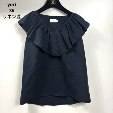 새상품급 yori 린넨 혼방 블라우스 티셔츠 네이비 36 프릴