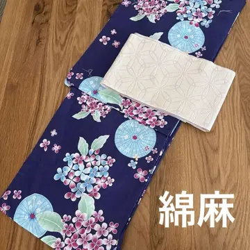 유카타 오비 포함 미사용 새상품 수국 꽃무늬 네이비 성인용