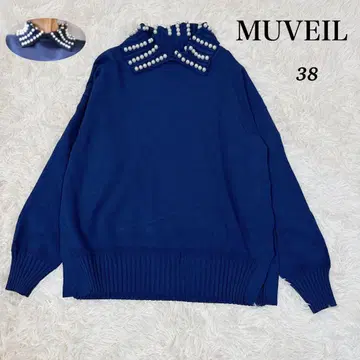 새상품급 뮤베르 MUVEIL 펄 카라 풀오버 상의 니트 네이비