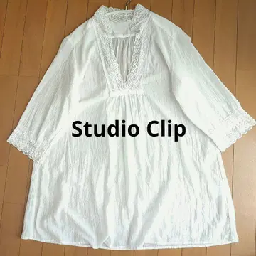 Studio Clip 얇은 코튼 화이트 레이스 장식 블라우스