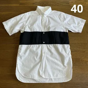 헬러스카페 바이컬러 반팔 코튼 셔츠 40 화이트 블랙 보더 일본제