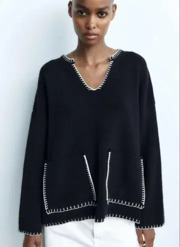 ZARA 탑 스티치 니트 스웨터 네이비 블루 S 사이즈