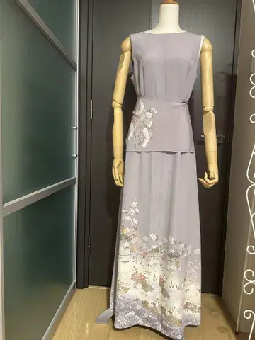 기모노 연보라 슬리브리스 롱 드레스 꽃무늬 핸드메이드 새상품