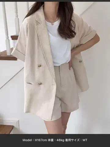 LAUIR 금장 버튼 하프 슬리브 린넨 혼방 셔츠 + 숏팬츠 set