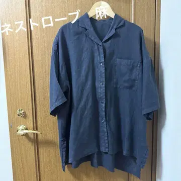nest Robe 다크 네이비 린넨 5부 소매 셔츠