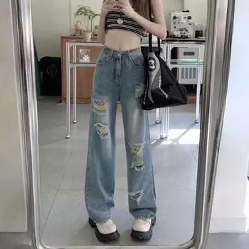 데미지 가공 와이드 레그 데님