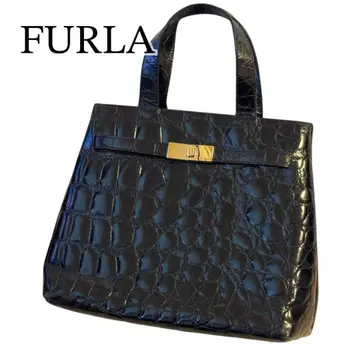 [새상품급] FURLA 훌라 핸드백 악어 엠보싱 블랙