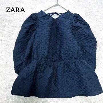 ZARA 자라 페플럼 블라우스 백리본 벌룬 소매 네이비 L