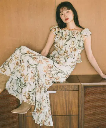 셔링 프릴 플라워 프린트 원피스 코코딜