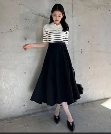 스트라이프 피케 셔츠 플레어 원피스