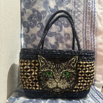 고양이 스팽글 반짝반짝 네이비 컬러 바스켓 백
