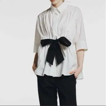 DSC 더블 스탠다드 허리 개더 리본 셔츠