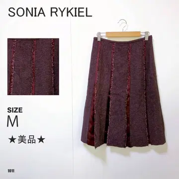 소니아 리키엘 울 혼방 트위드 절개 스커트, 새상품급, 보르도 플레어