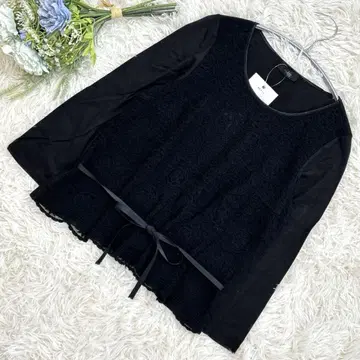 모디파이 블랙 상의 블라우스 긴팔 XL 빅사이즈 꽃무늬 레이스 리본