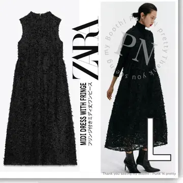 2025SS 새상품 ZARA 프린지 미디 원피스 L 블랙