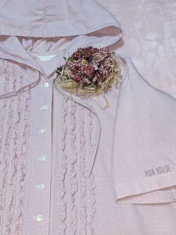 핑크하우스 깅엄 체크 핑크 후드 부착 반팔 블라우스