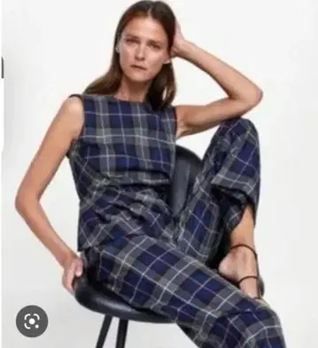 ZARA 자라 체크 무늬 셋업 네이비 그레이 아지메 와이드 팬츠