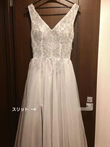 XS 롱 드레스 비즈 자수 슬릿 드레스