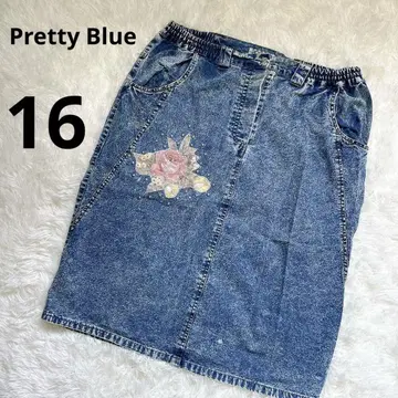 Pretty Blue 데님 꽃무늬 스커트 사이즈 16 자수 비쥬 슬릿
