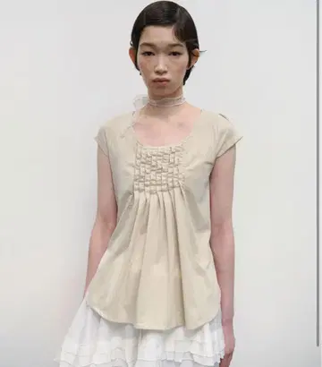 Ruffled Sleeve Cut Out Top [Beige]