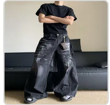 블랙 와이드 데님 팬츠 데미지 가공