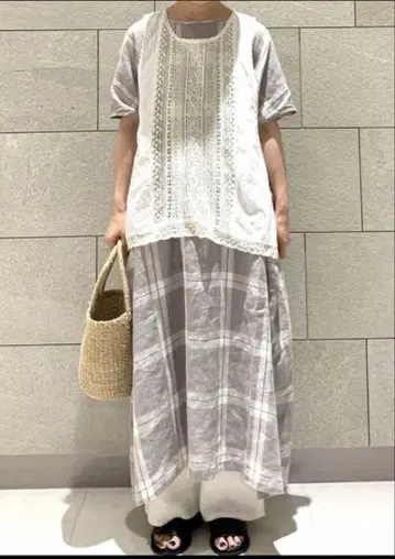 Samansa Mos 린넨 100% 반팔 원피스 체크