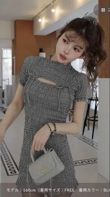 리본 셔링 깅엄 미니 원피스