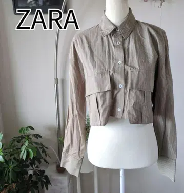 [미사용] ZARA 자라 크롭 기장 스트라이프 코튼 셔츠 카키