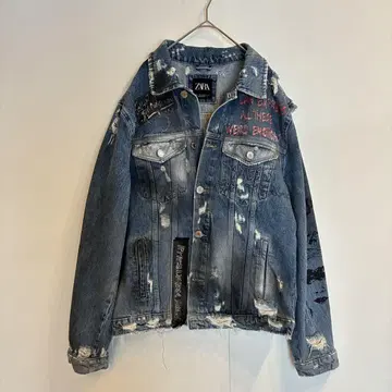 ZARA 키시 유타 착용 크러쉬 페인트 데미지 데님 자켓 L 사이즈