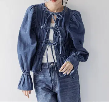 LOWRYS FARM 셔링 블라우스 롱 슬리브 블루