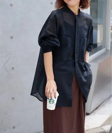 [미사용 새상품] 린넨 코튼 시어 밴드 칼라 셔츠