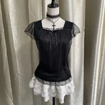 다크 코어 티셔츠 coquette 리본 발레 코어 튤 소매