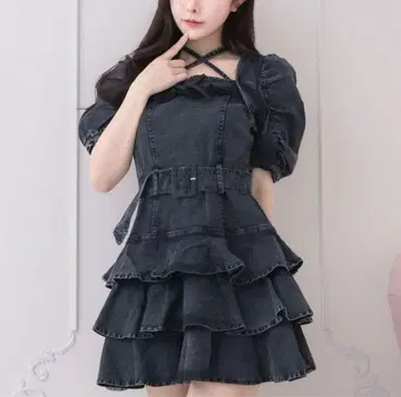 pium 티어드 프릴 미니 원피스 블랙 데님