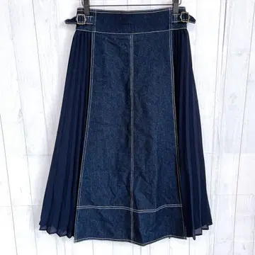그로브 새상품급 데님 사이드 플리츠 롱 스커트 (L) 이소재 허리밴딩