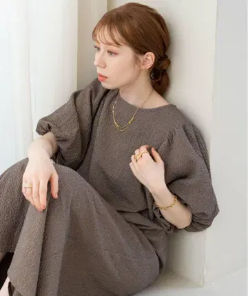 hinari 체크 무늬 퍼프 슬리브 원피스 브라운 프리 사이즈