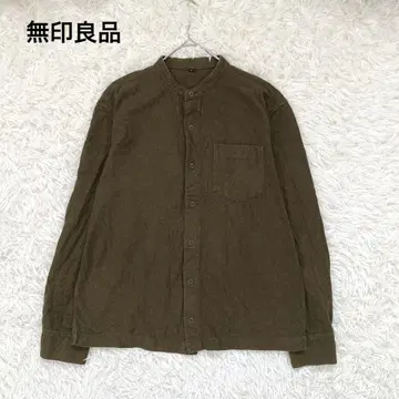 [무인양품] 노카라 긴팔 셔츠(M) 심플 캐주얼 면 카키 세탁 가능