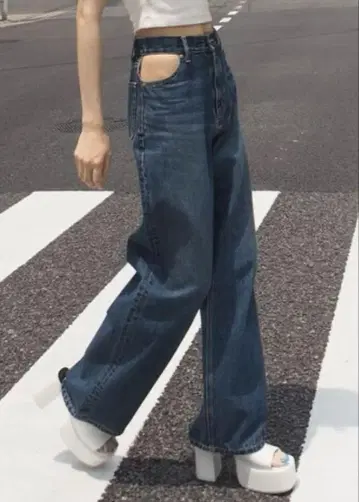 EVRIS 청바지 오픈 웨이스트 와이드 데님 팬츠 여성용