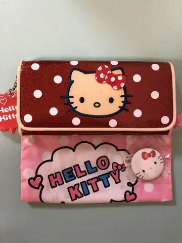 HelloKitty 헬로키티 물방울 장지갑 파우치 복주머니 & 와펜 세트
