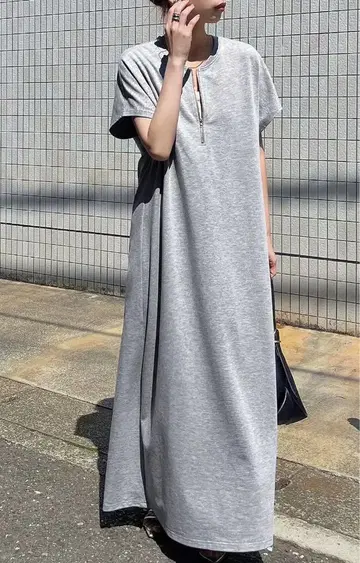 그레이 티셔츠 원피스 반팔 앞 지퍼