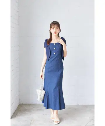 tocco 어깨 리본 프론트 비쥬 데님 머메이드 오버롤 스커트