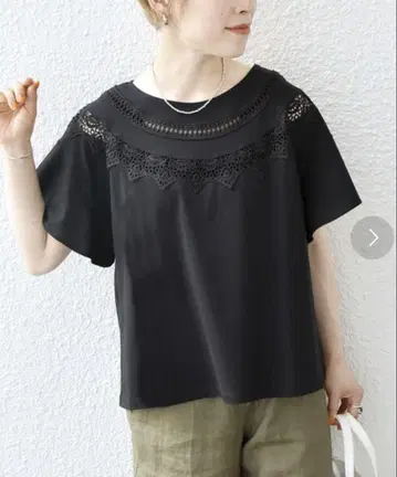레이스 디테일 블랙 반팔 티셔츠
