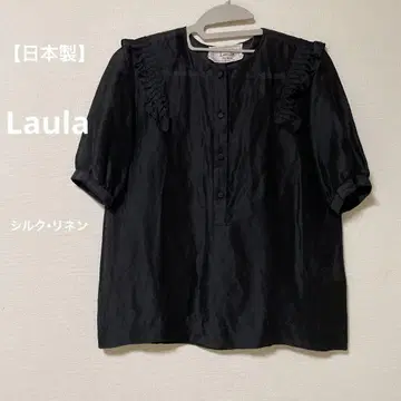 [일본제] Laula 블랙 프릴 블라우스 풀오버 실크 혼방 5부 소매