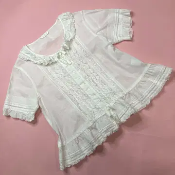 [새상품급] 핑크하우스 화이트 피코 프릴 핀턱 면 론 오버 블라우스