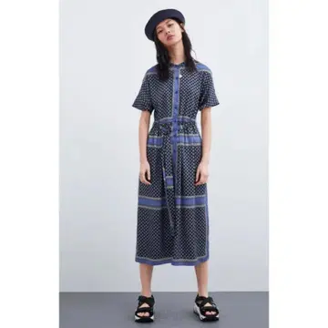 ZARA 새틴 스카프 디자인 맥시 원피스 페이즐리 네이비/블루