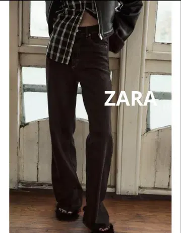 7호 ZARA 자라 TRF 하이웨스트 와이드 레그 청바지 브라운 데님